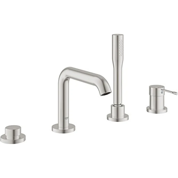 GROHE Essence Badewannenarmatur 4-Loch Komplettset mit Armatur, Duschkopf, Duschschlauch, Umstellung für Wanne/Brause, Edelstahloberfläche, Temperaturbegrenzer, AquaDimmer und TurboStat Technologie – Bild 1