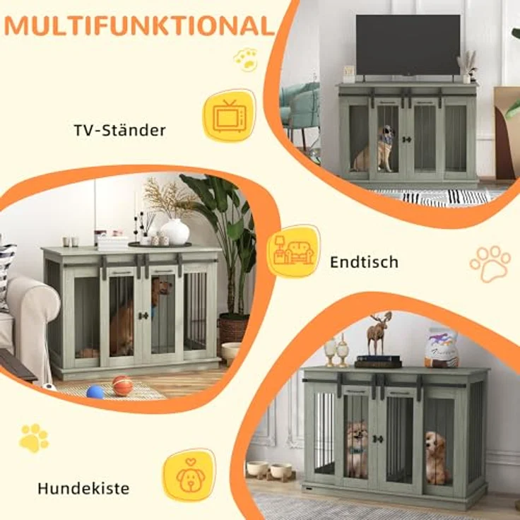 PawHut Hundekäfig Möbel, Zweiraum-Option mit 2 Türen, moderne Metall Hundebox für große Hunde bis 30 kg, 120 x 60 x 88,5 cm, grau – Bild 3