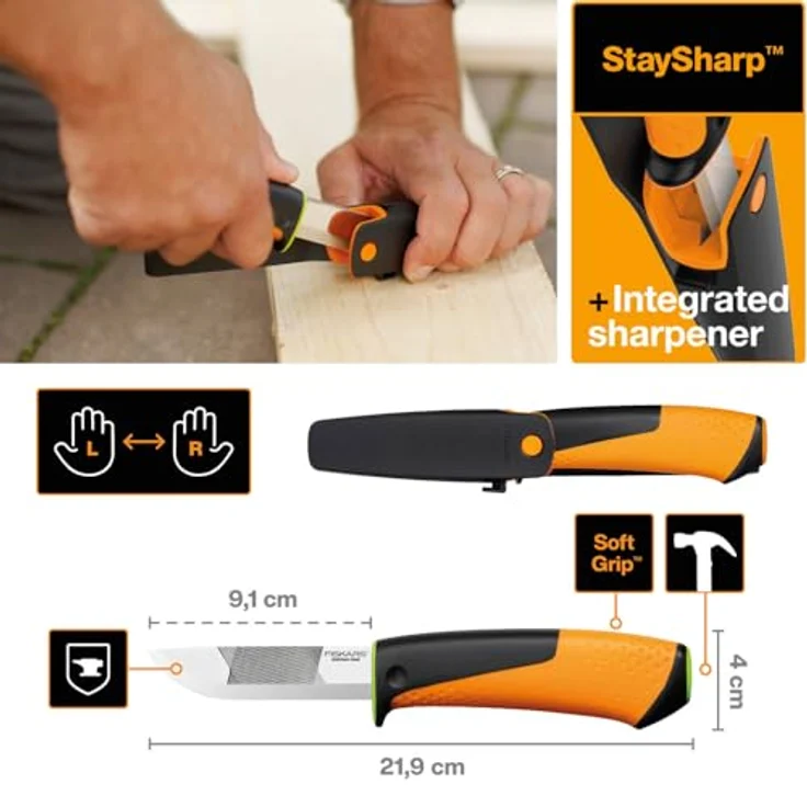 Fiskars Hochleistungsmesser inklusive Holster mit integriertem Messerschärfer, Gesamtlänge: 21,9 cm, Schwarz-Orange-Grün, 1023619 – Bild 3