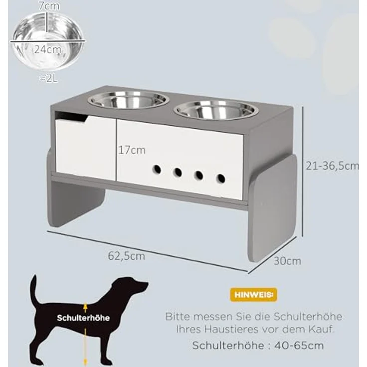 PawHut Hundenapf erhöht, 3 Stufig Höhenverstellbar Futternapf für Hunde mit Stauraum, Anti-Schling-Matte, 2 x 2L Edelstahl-Schüsseln, Grau – Bild 5