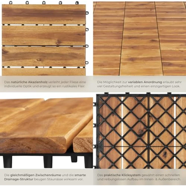 tectake Terrassenfliesen Tabula, 3,844 m², 40-teiliges Set mit Klicksystem, Akazienholz, rutschfest und wetterfest – Bild 4