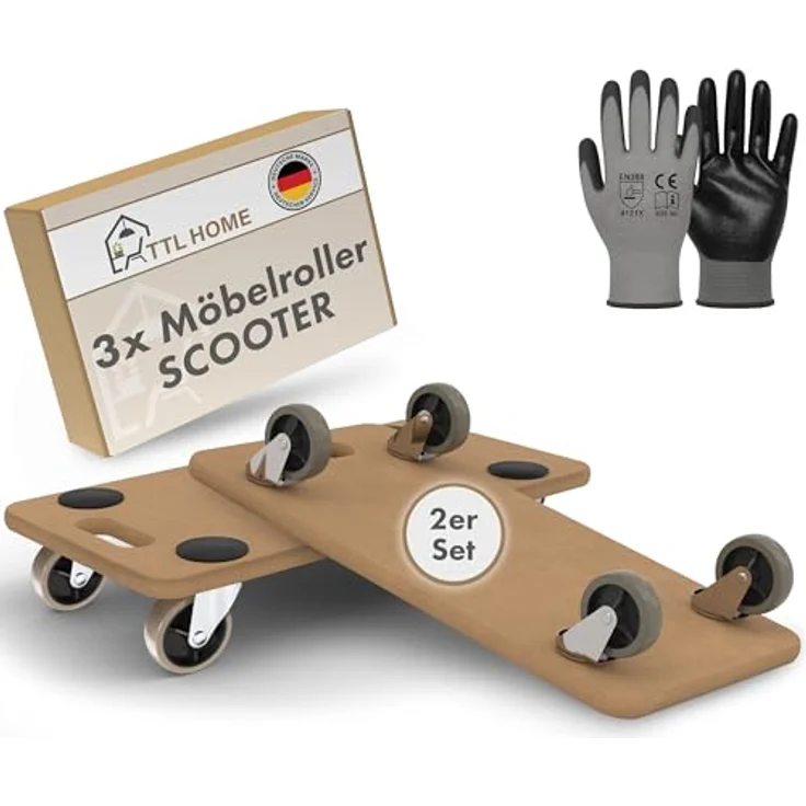 TTL HOME Möbelroller Scooter 2er Set, Rollbrett mit 250kg Traglast, 360° drehbare Gummirollen, 5 Anti-Rutsch-Pads, 58x30x11cm für schwere Gegenstände Indoor & Outdoor – Bild 1