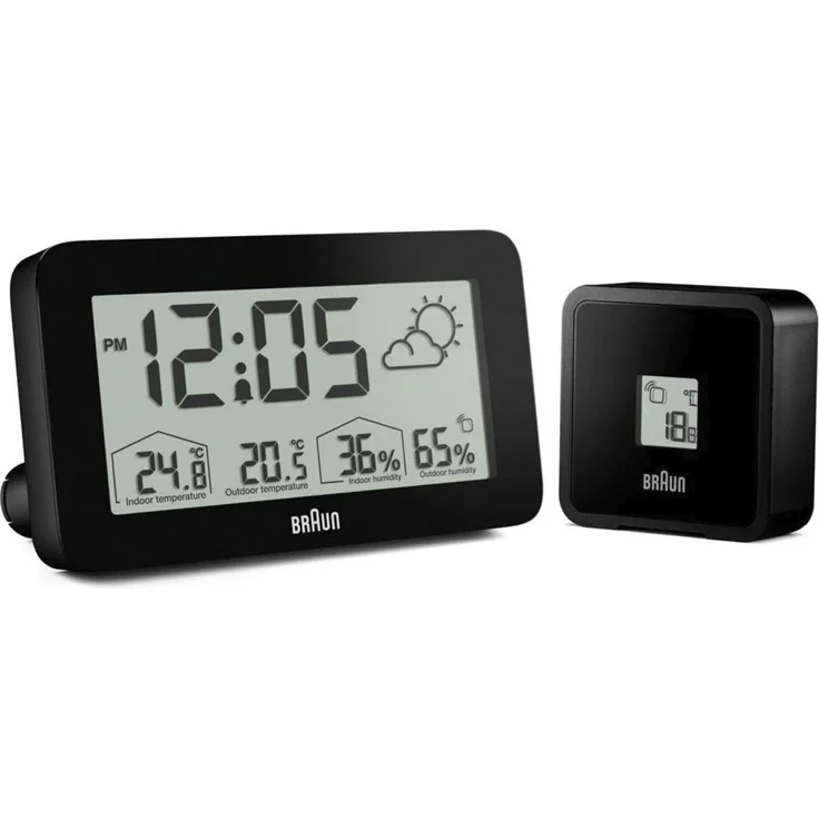 Braun Uhren BC13BP Funk-Wetterstation DCF, digitale Wetterstation mit Innen- und Außentemperaturanzeige, schwarz