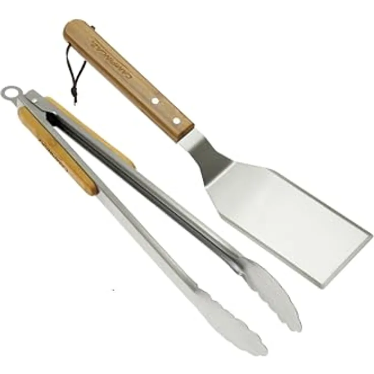 Campingaz Grillbesteck-Set 2-teilig, Edelstahl-Grillzange und Spatel mit Bambusgriff, rostbeständig, ideal für Fleisch, Fisch, Meeresfrüchte und Gemüse