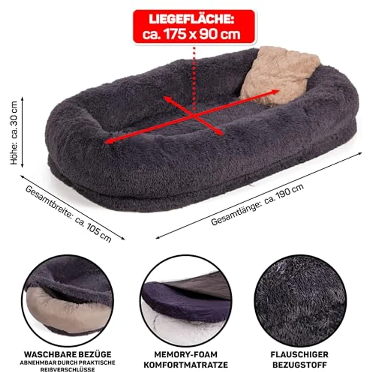 LITTLE LORD | Hundebett, Hundekorb XXL-Bett Ceddie für sehr große Hunde, dunkelgrau 190 x 105 x 30cm, Schlaf-Set für Mensch & Tier - inkl. Decke & Kissen – Bild 2