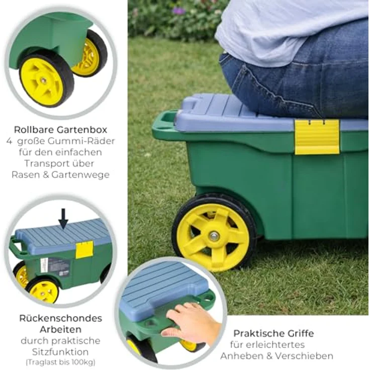 HMF 2-in-1 Gartenwagen mit Sitz und Stauraum, praktischer Gartenhocker mit großen Rollen und flexibler Unterteilung, für Gartenarbeit bis 100 kg, Grün – Bild 4