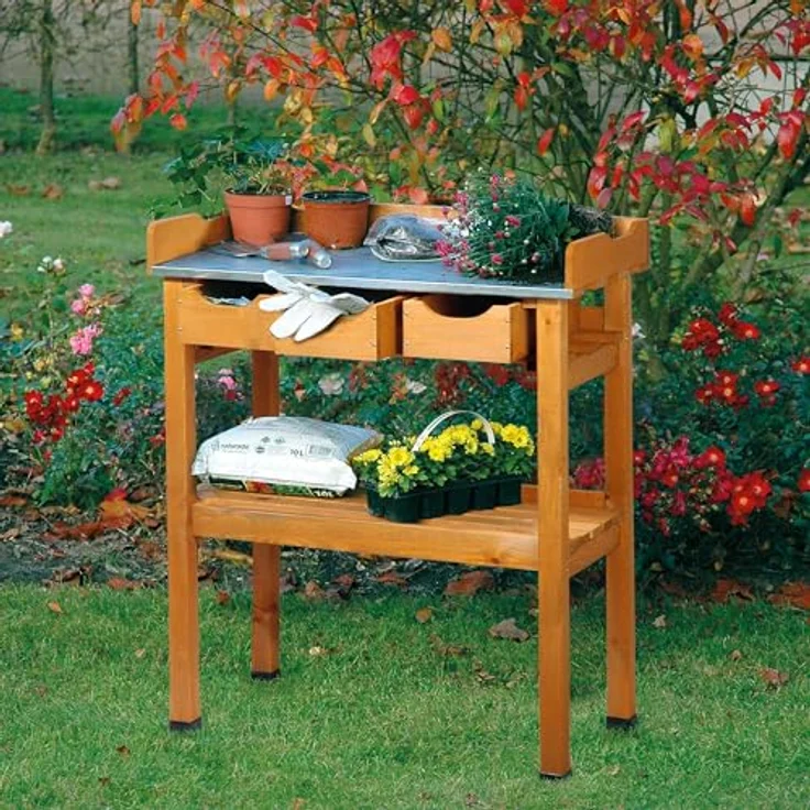 dobar 29030e Praktischer Pflanztisch mit 3 Schubladen und 2 Ablageflächen aus imprägniertem Kiefernholz, 80 x 40 x 90 cm – Bild 5