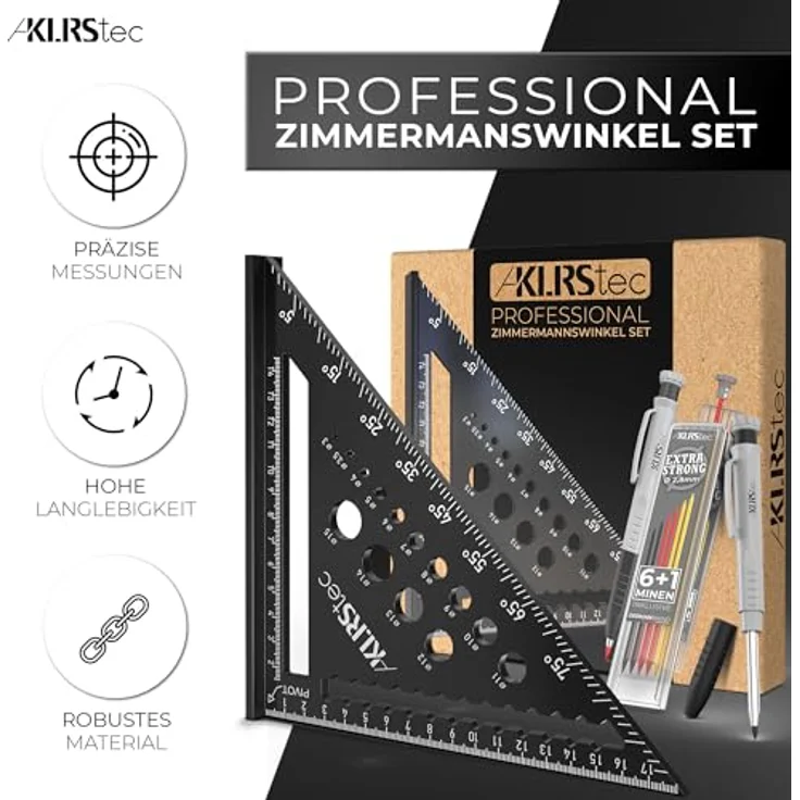 KLRS KLRStec Professional Zimmermannswinkel Set – Multifunktionswinkel inkl. Tieflochmarker, Metall Messwinkel Werkzeug-Set in Grau – Bild 2