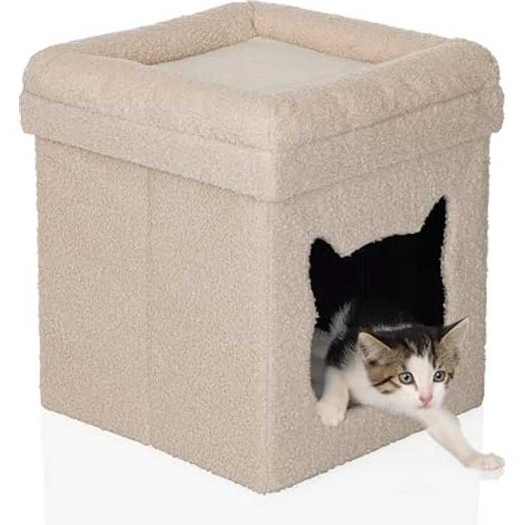 hjh LIVING Pawy Es Katzenbett + Hundebett, eckige Katzenhöhle mit Katzenkopfform, faltbares Design, Bouclé-Stoff, abnehmbares Teddy-Kissen – Bild 1