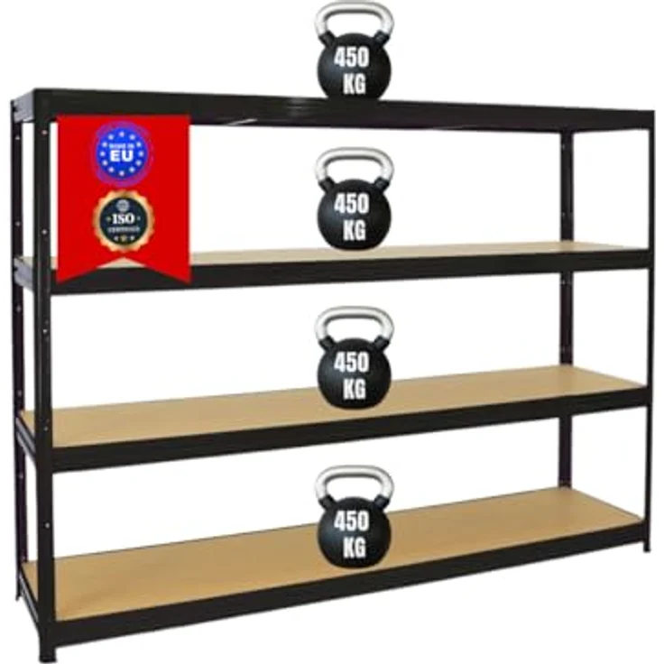 Proregal Schwerlastregal DINO, 180 x 240 x 60 cm, 4 Böden, Traglast 450 kg pro Boden, Schwarz – Bild 1