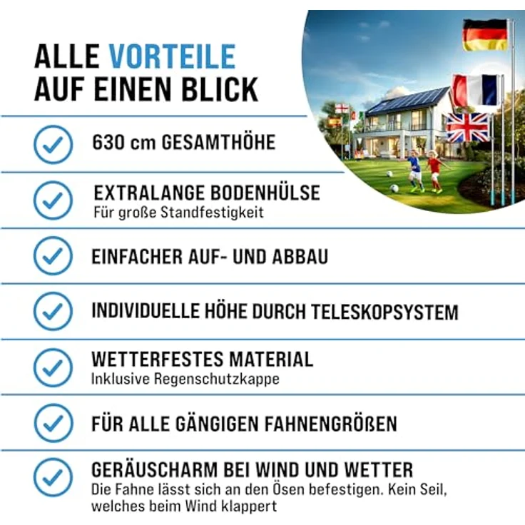 Fahnenmast Aluminium Teleskop 630cm Bodenhülse 60cm inkl. Deutschlandfahne Flaggenmast Mast Flagge Alu – Bild 9