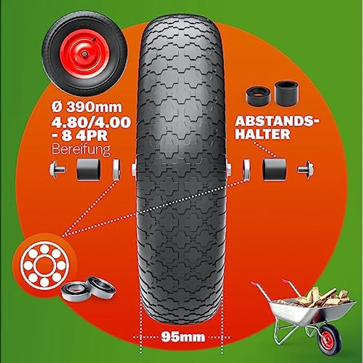 Schubkarren Rad Ersatzrad PU Gartenkarre 4.80/4.00-8 Ø 390mm 200 kg Schubkarrenreifen Achse Felge luftbereift – Bild 7