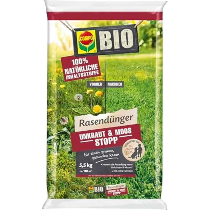 COMPO BIO Rasendünger Unkraut & Moos Stopp, 100% natürliche Inhaltsstoffe, 5,5 kg für 110m², beugt Unkraut- und Moosansiedlung vor – Bild 1