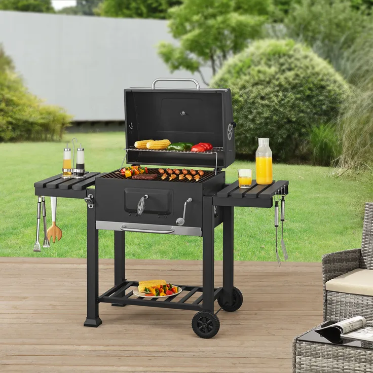 casa.pro Grillwagen 'Arnad' 105x135x47,5cm Schwarz, mit integriertem Deckelthermometer und höhenverstellbarem Holzkohlebehälter
