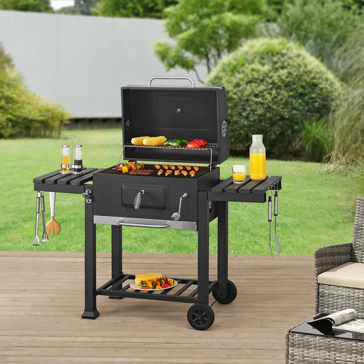 casa.pro Grillwagen 'Arnad' 105x135x47,5cm Schwarz, mit integriertem Deckelthermometer und höhenverstellbarem Holzkohlebehälter