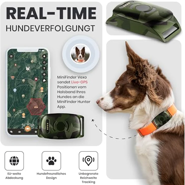 MiniFinder Vexo GPS-Hundetracker 39 g mit Echtzeit-Tracking, M90-Camo-Design, langer Akkulaufzeit & App-Integration für Jäger – Bild 2