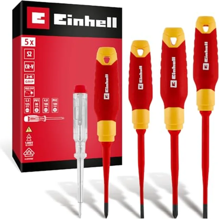 Einhell Elektriker-Schraubendreher-Set 5-tlg., isolierte Werkzeuge mit ergonomischen Griffen, Spannungsprüfer und S2-Klingen, für Elektroinstallationen