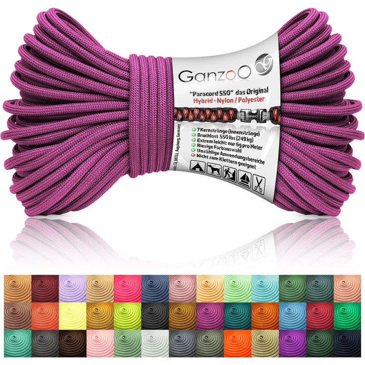 Ganzoo Paracord 550 Seil / Typ III "Hybrid" / Grape Seil, reißfest und farbecht