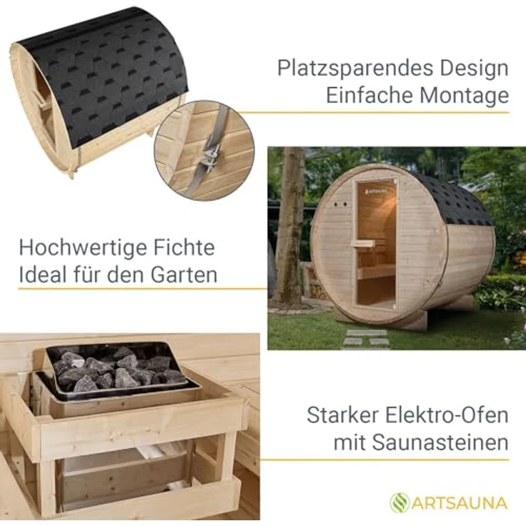 Artsauna Fasssauna Spitzbergen 180, für 4 Personen, Fichtenholz, 6 kW Elektro-Ofen, Naturfarben - Preisvergleich – Bild 4