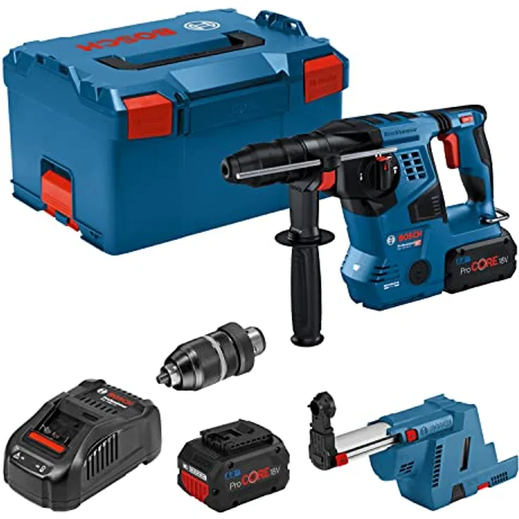 Bosch Professional 18V System Akku-Bohrhammer GBH 18V-28 CF (mit SDS plus, 3,3 J Schlagenergie, inkl. Schnellspannbohrfutter, 2x 0Ah ProCORE-Akku, Ladegerät, GDE 18V-16, in L-BOXX)