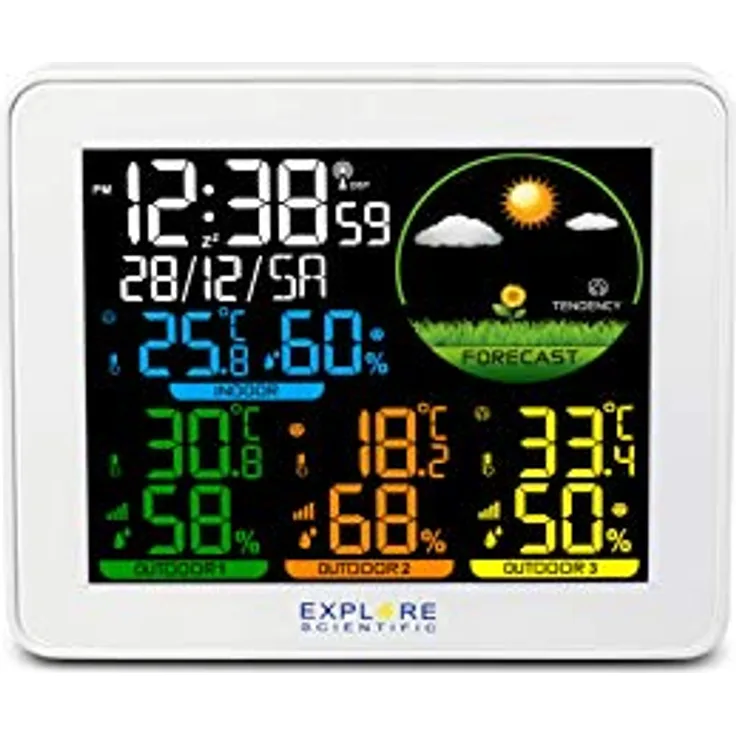 Explore Scientific Wetterstation Funk mit 3 Außensensoren, Farbdisplay, Wettervorhersage und DCF Funksignal, weiß
