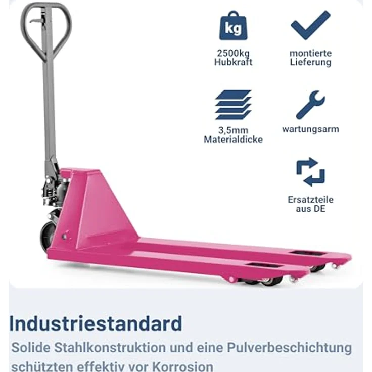 Pallit Gabelhubwagen COLOR, 2500kg Palettenwagen aus Stahl mit 1150mm Gabellänge, PU Rollen und ergonomischer Deichsel, RAL 2011 tieforange – Bild 5