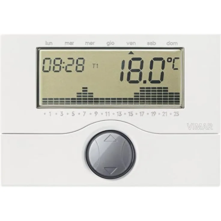 Vimar 01910, Elektronischer Uhrenthermostat für ON/OFF-Raumtemperaturregelung, Tages/Wochenprogrammierung, Batteriebetrieb (AA LR6)