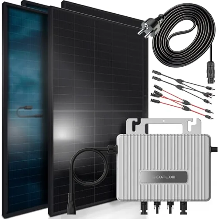 SUNNIVA® Balkonkraftwerk FULL BLACK BIFACIAL GLAS GLAS 2392W/800W Solaranlage mit 800W Ecoflow Stream Micro Wechselrichter Wifi Bluetooth, 4x460W Bifaziale Solarmodule, 5m Kabel