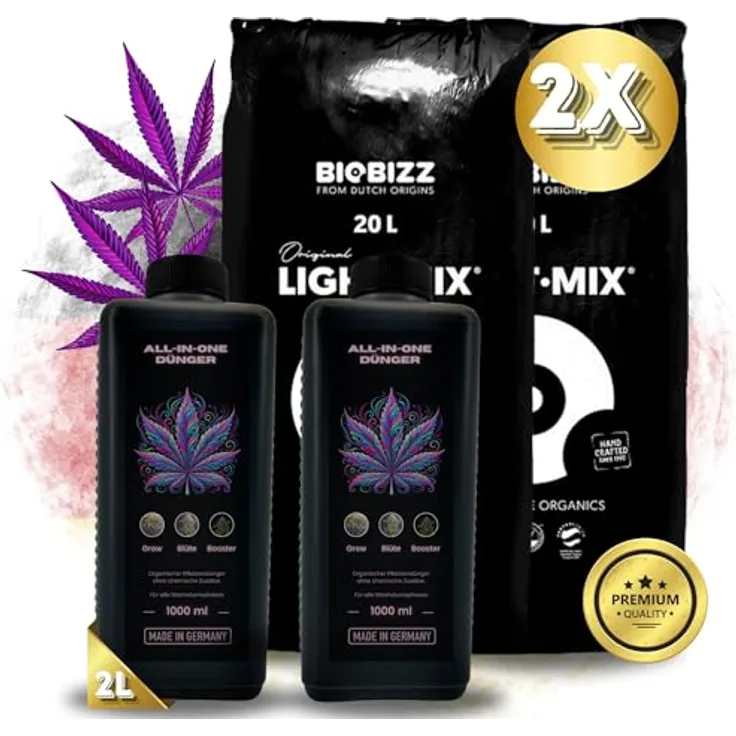 TronicXL 2 x Dünger All in One für BioBizz + 2 Sack Light Mix Grow Erde für Anzucht & Blüte Lightmix Komplett Set Anbau Try Pack, Made in Germany, organisch, 20 Liter, 1L