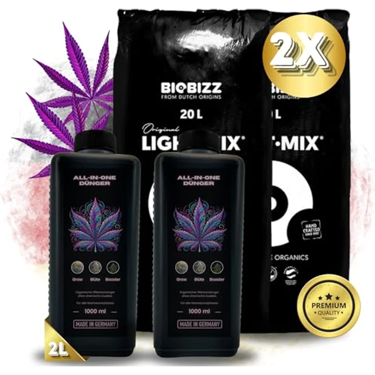 TronicXL 2 x Dünger All in One für BioBizz + 2 Sack Light Mix Grow Erde für Anzucht & Blüte Lightmix Komplett Set Anbau Try Pack, Made in Germany, organisch, 20 Liter, 1L – Bild 1