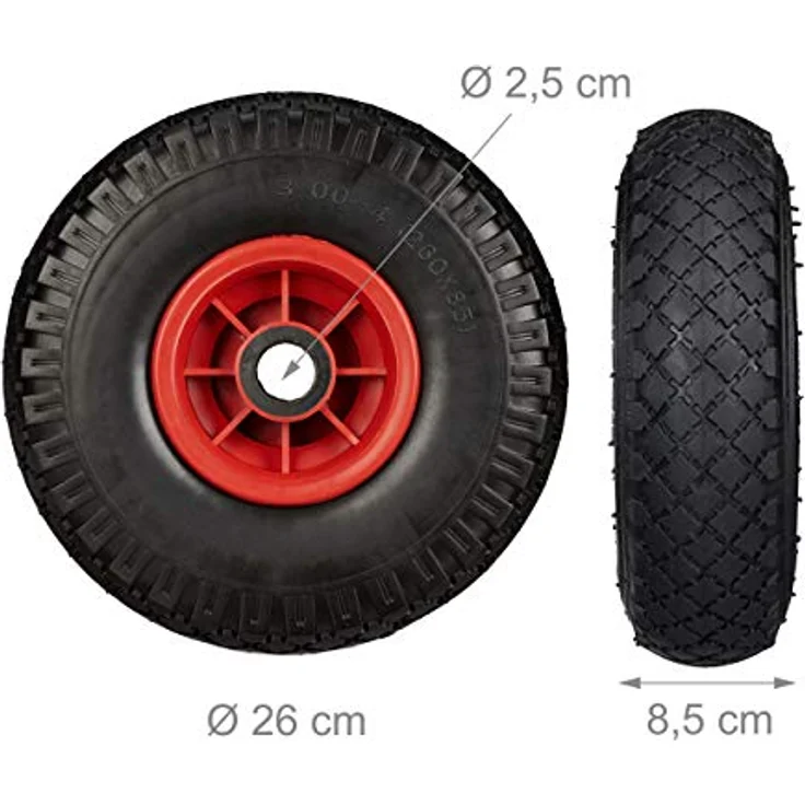 Sackkarrenrad 2er Set, pannensichere 3.00-4'' Vollgummireifen, 25mm Achse, bis 80 kg, 260x85 mm, schwarz-rot – Bild 5