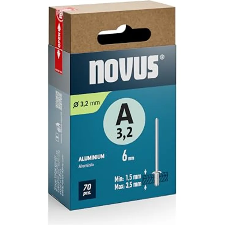 Novus Tools Aluminium-Blindnieten Ø 3,2 mm, 6 mm Länge, 70 Nieten, 1,5-3,5 mm Klemmlänge, für Nichteisen-Metall, Kunststoff, Leder und Stoffe