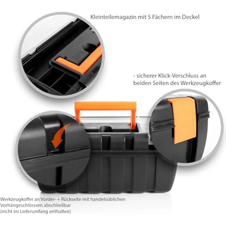 BigDean Werkzeugkoffer Werkzeugkoffer leer 37x20x16cm - aus bruchsicherem Kunststoff, Schwarz-Orange – Bild 4