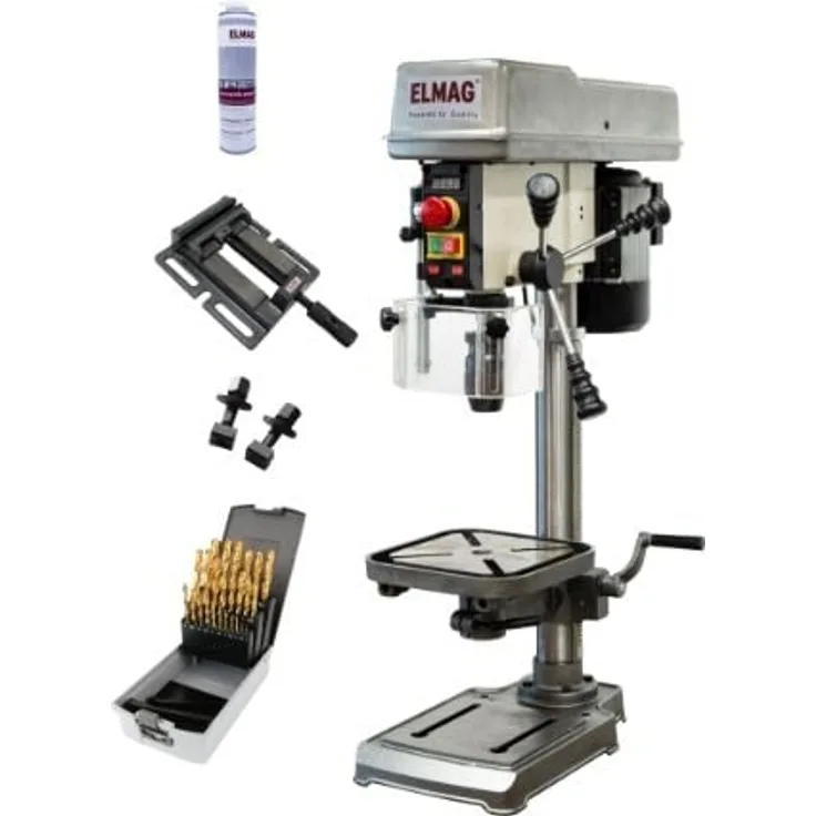 ELMAG KBM 16 T VARIO SET-Aktion, Keilriemen-Tischbohrmaschine mit 550 W, Drehzahleinstellung, inkl. HSS-Spiralbohrerkassette und Laser-Bohranzeige