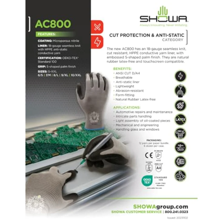 SHOWA AC800, Antistatische Arbeitshandschuhe mit Nitril-Beschichtung, Schnittschutz Level D, Touchscreen-kompatibel, grau, 12 Paar, Größe L – Bild 3