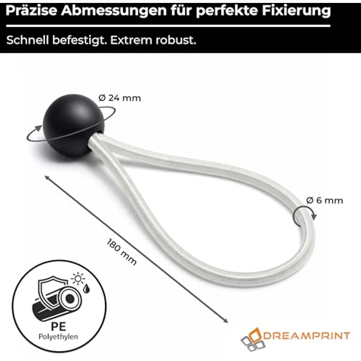 Dreamprint 25x Spanngummi mit Kugel 180 mm Schwarz Weiß Planenspanner, Expanderschlingen, Planenhalter, Planengummi, Gummispanner, Zeltgummi, Expander für Zelte, Planen, Pavillons – Bild 3