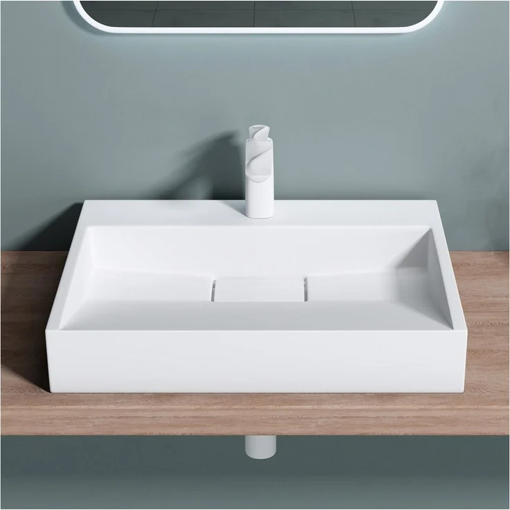 doporro Aufsatzwaschbecken Waschbecken Col19 Gussmarmor Waschtisch inkl. Ablaufgarnitur, mit Hahnlöcher in eleganter Eckform, hochreiner Gussmarmor, einfache Montage - Weiß – Bild 1