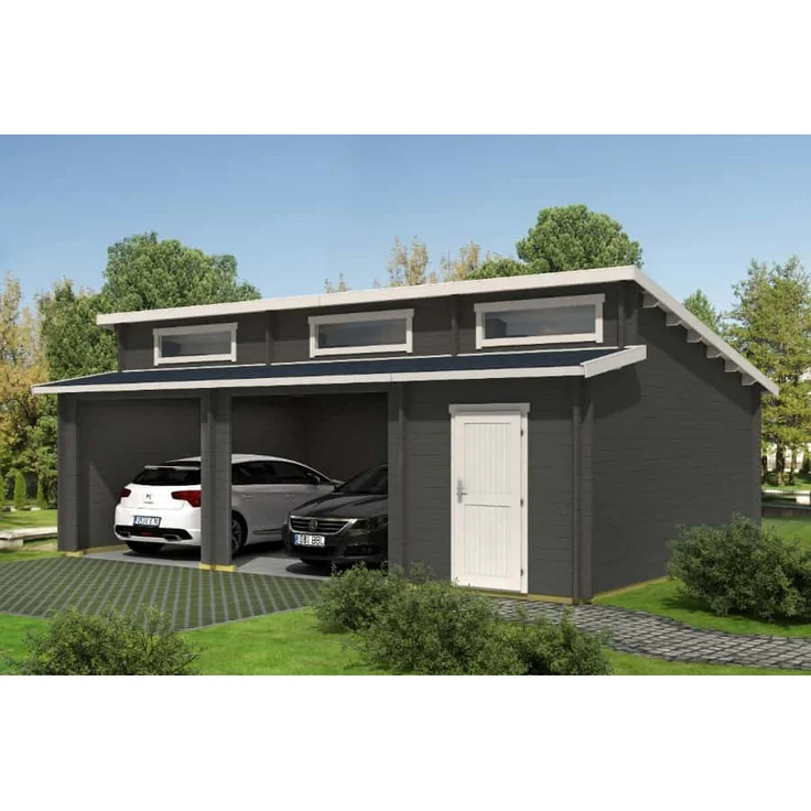 Lasita Maja Doppel-Holzgarage Hawaii, Gerätehaus ohne Tore, naturbelassen, 39,4 m², Stufendach