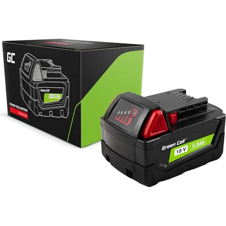 Green Cell Akku B5 4932430483 (5Ah 18V Li-Ion) Leistungsstarker Ersatzakku Kompatibel mit Milwaukee M18 M18b 48-11-1850 48-11-1840 48-11-1815 48-11-1852 48-11-1828 mit Batterieladeanzeige, Hochwertige Lithium-Ionen-Zellen, Grün