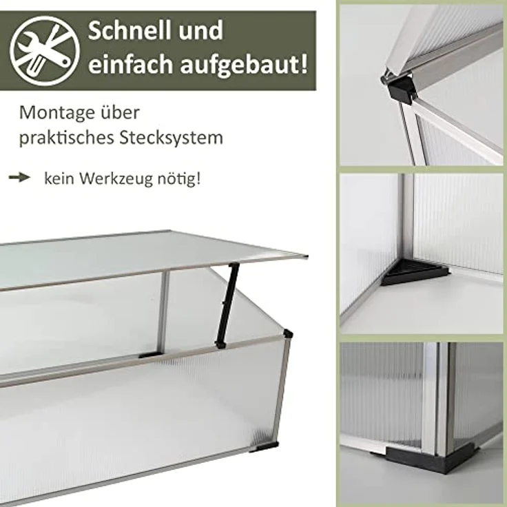 NATIV Frühbeet aus 1 mm dicken Aluminium, Hochbeet Abdeckung mit arretierbarem Dach, Frühbeetkasten mit Polycarbonatplatten, Frühbeetaufsatz für Hochbeet 100 x 60 cm, Mini Gewächshaus – Bild 2
