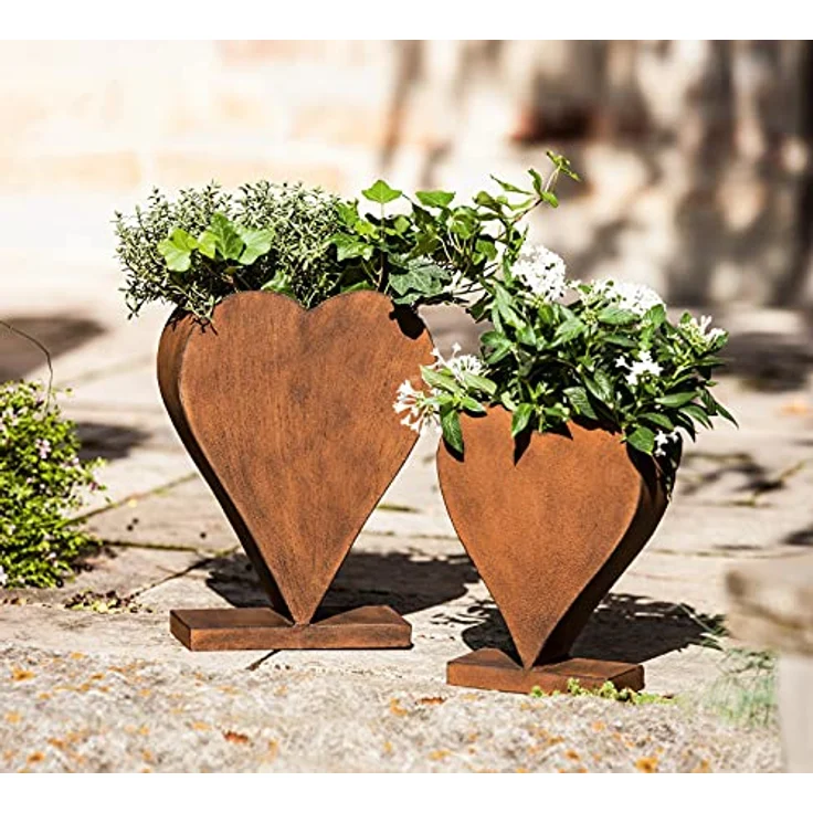 Dekoleidenschaft 2 Pflanzer Rostherz aus Metall in Rost-Optik, stehend, Pflanzschale in Herz-Form, Blumentopf, Garten-Deko für Draußen, Hochzeitsdeko, Pflanztopf, Pflanzgefäß – Bild 2