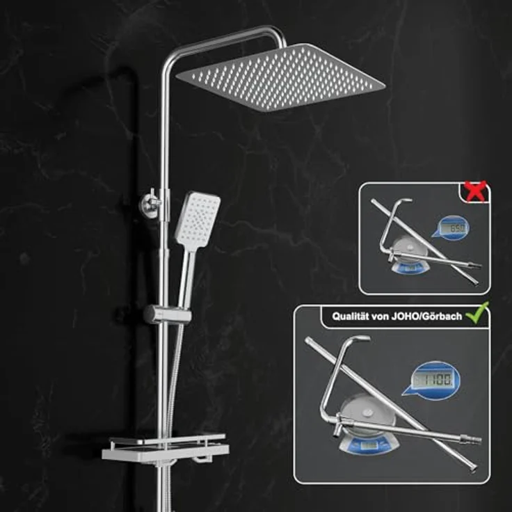 JOHO Edelstahl Duschsystem mit XXL-Regendusche 30x30 cm, ohne Armatur, verstellbare Duschstange und 3 Strahlarten, Chrom – Bild 4
