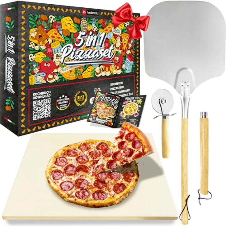 Miweba 5in1 Pizza Set, Pizzastein aus Cordierit für Backofen & Gasgrill, inklusive 2in1 Pizzaschieber, Pizzaschneider und Rezeptbuch, vielseitig einsetzbar bis 1000°C – Bild 1