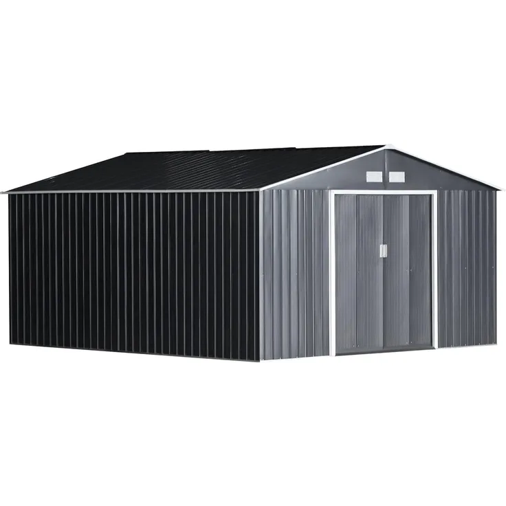 Northio Gerätehaus mit Fundament, Metall Geräteschuppen Kohlegrau 340 x 386 x 200 cm, wetterfest und robust, mit 2 Schiebetüren und 2 Fenstern