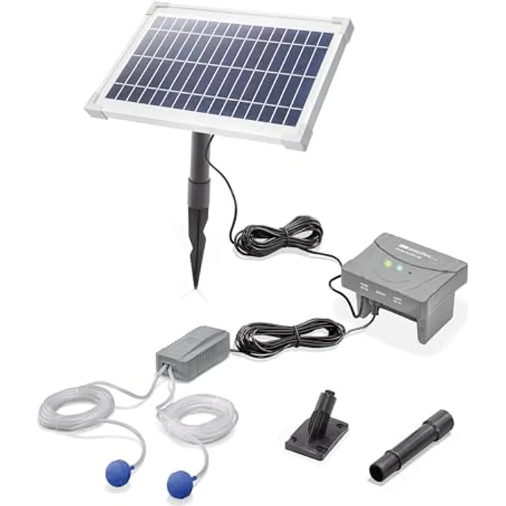 Esotec Solar Teichbelüfter Set 8/200, 6,4V/DC Belüfterpumpe mit LiFePO4 Akku, 200l/h Luftleistung, 8W Solarpanel, inkl. Erdspieß