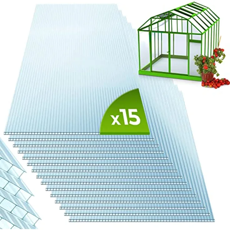 Jago® Pannelli di Policarbonato Trasparente - 15 x 4 mm, 1210 x 605 mm, Doppio Strato, 11 m², UV Resistente, Impermeabile - Alveolare, Lastra Con Camera Cava, per Serra, di Ricambio, da Giardino