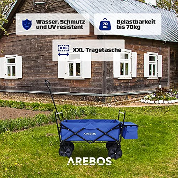 Arebos Bollerwagen faltbar mit Dach, Transportwagen bis 70 kg Tragkraft, inkl. 2 Netztaschen, 360° Vollgummireifen, Blau – Bild 3
