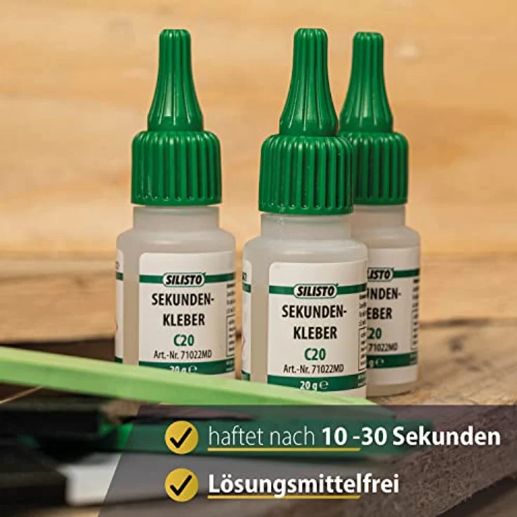 SILISTO Sekundenkleber 3x20g, extrem starker transparenten Superkleber für Plastik, Glas, Holz, Metall, hitze- und wasserbeständig – Bild 2