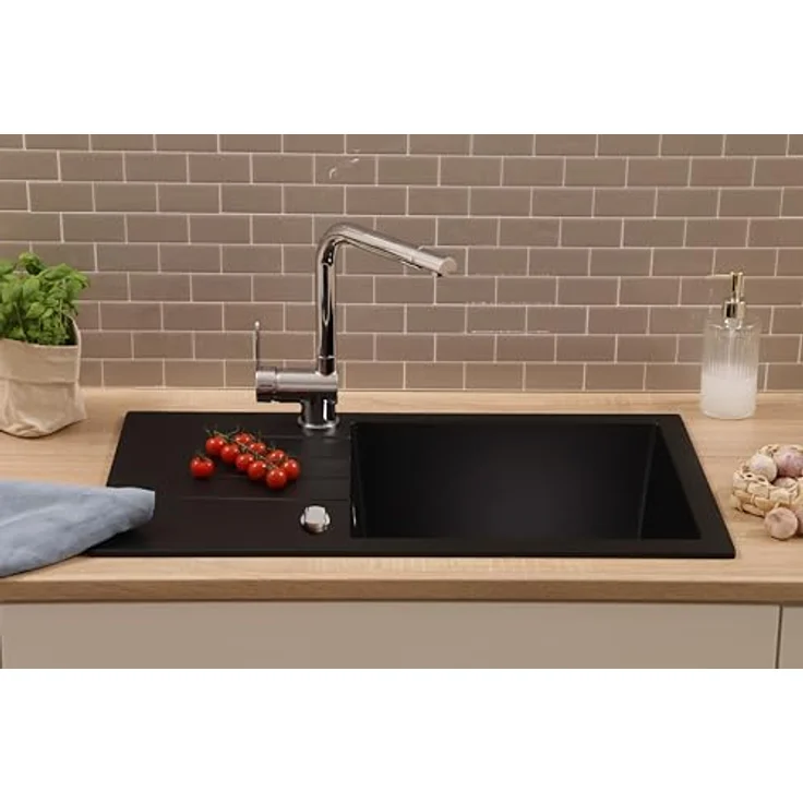 Respekta Almonto Küchenspüle Einbauspüle Granit Massiv 76 x 43 cm, Schwarz, lebensmittelecht, hitzebeständig, kratz- und stoßfest – Bild 2