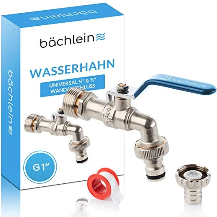 Bächlein Universal Auslaufhahn mit Reduzierungs-adapter für 1" Wandanschluss - Auslaufhahn mit 1/2 und 3/4 Zoll Anschluss - Preisvergleich – Bild 1